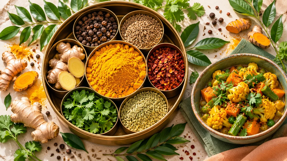 Concept illustration: An overhead Indian spice box with turmeric, ginger, herbs and a colourful curry