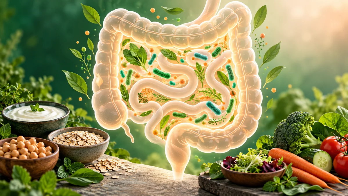 Concept illustration: A large symbolic digestive-intestine illustration with botanical and microbiome details