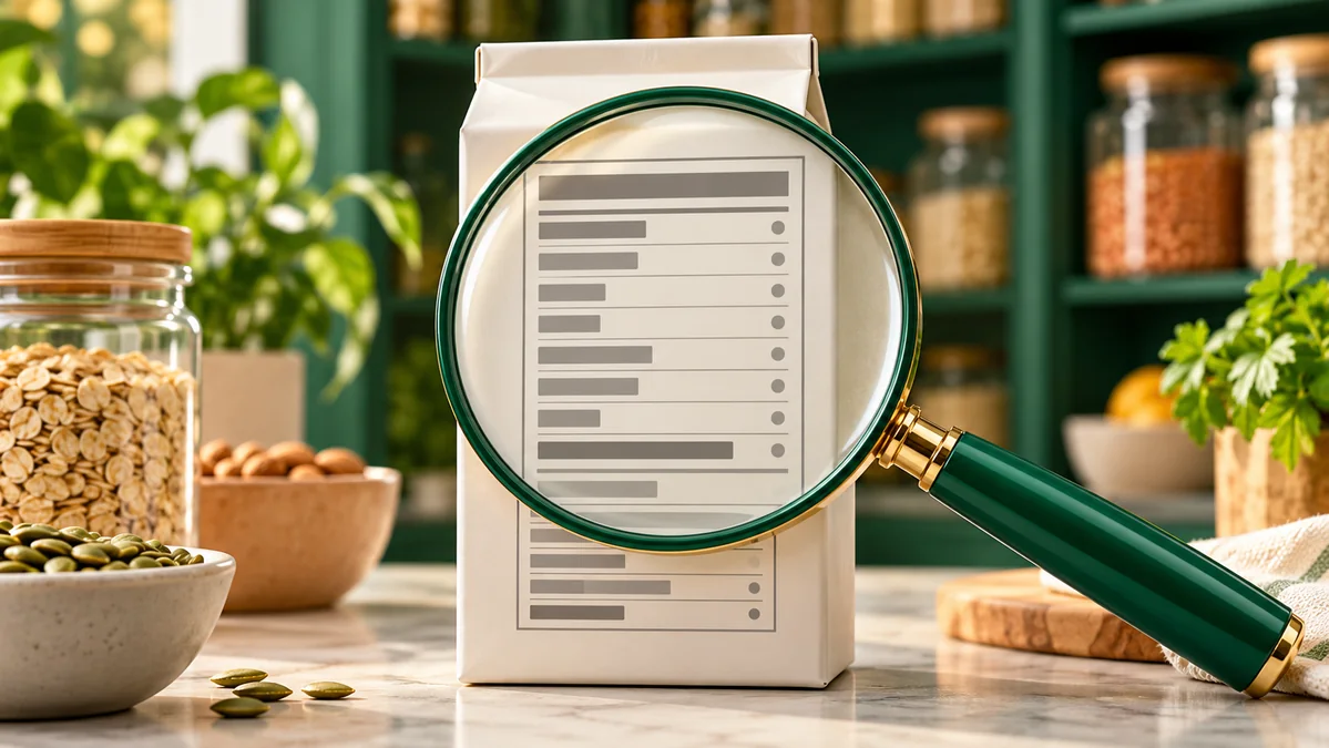 Concept illustration: A large magnifying glass examining a text-free nutrition label on a food package