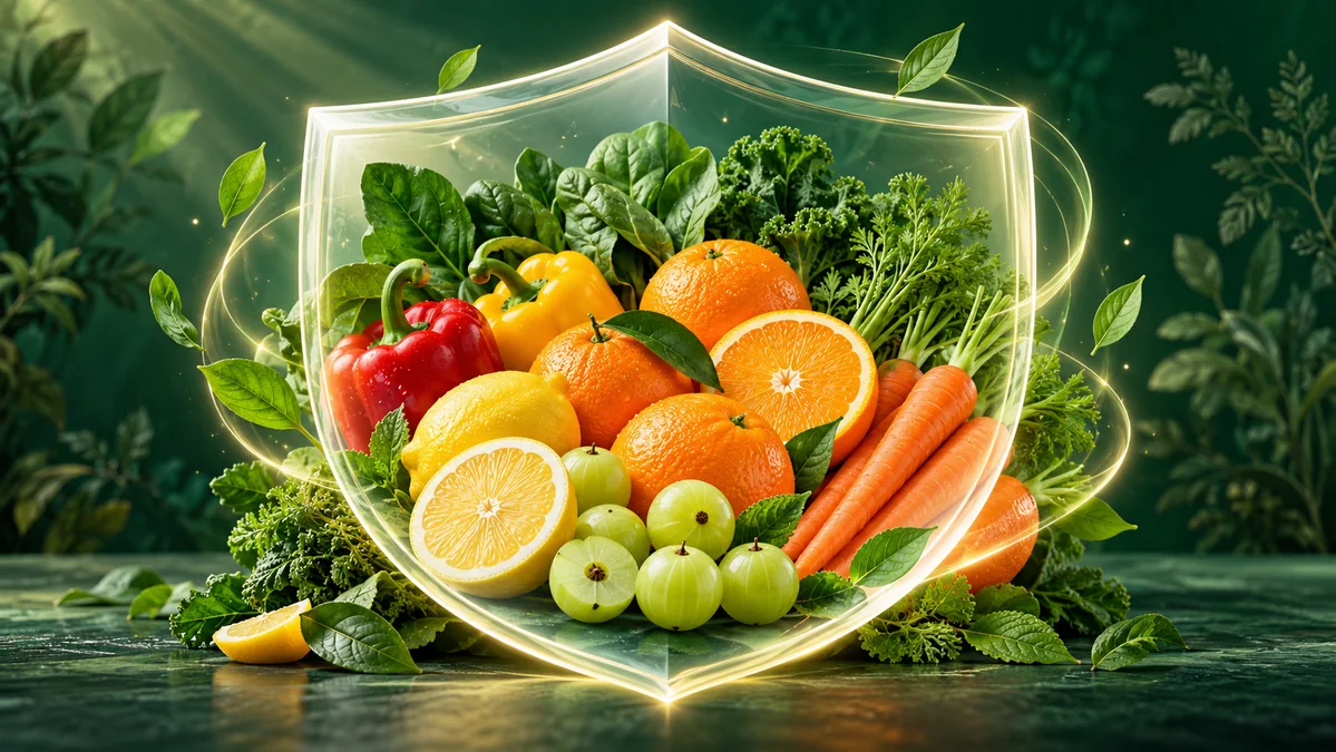 Concept illustration: A protective shield surrounding colourful fruits and vegetables