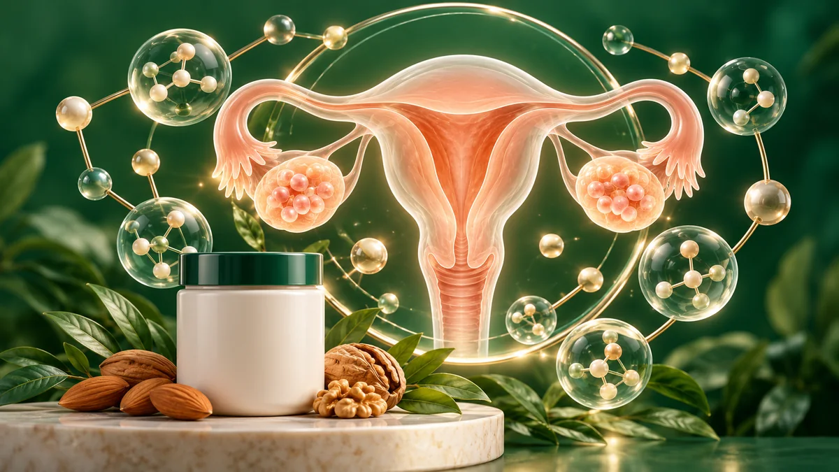 Concept illustration: A symbolic uterus and ovaries with molecular rings and a plain supplement jar