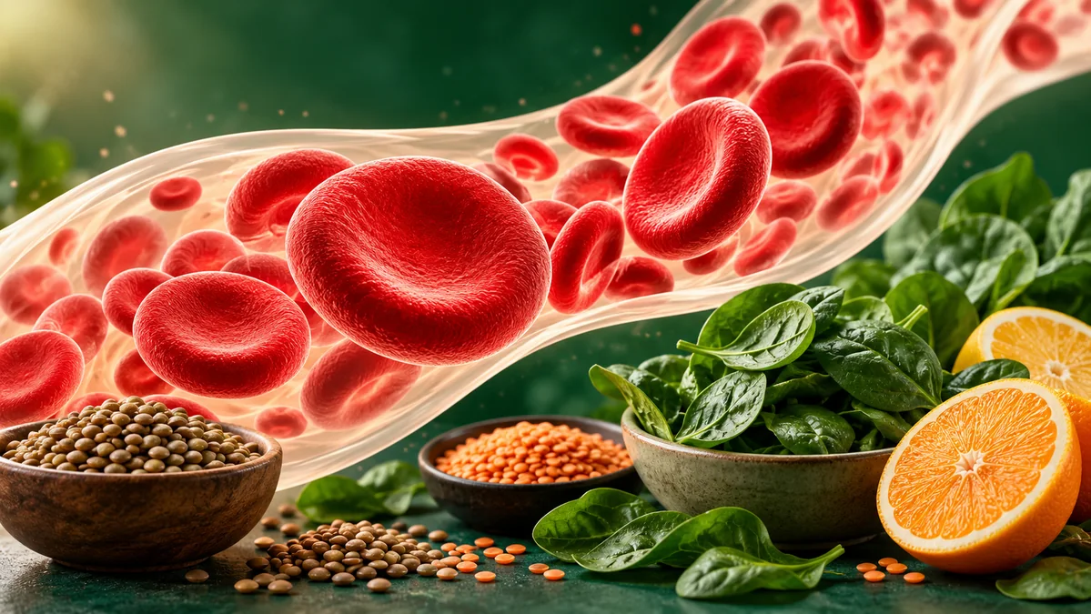 Concept illustration: Red blood cells flowing among lentils, leafy greens and citrus