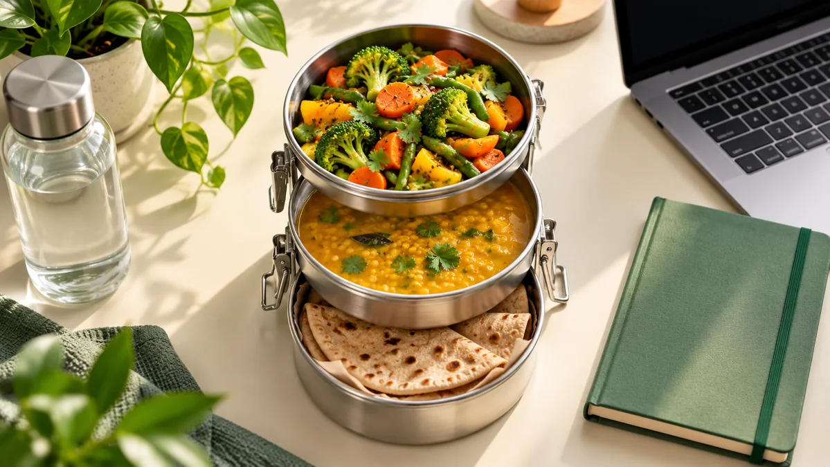 Concept illustration: An open Indian tiffin and water bottle on a stylish office desk