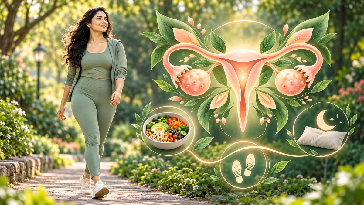 Concept illustration: A woman walking in a park beside a symbolic hormonal-balance concept