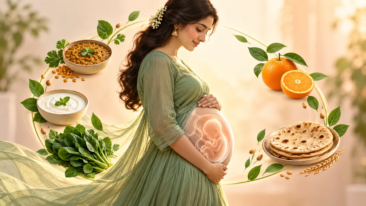 Concept illustration: A pregnant-woman silhouette with a subtle baby outline and balanced-food orbit