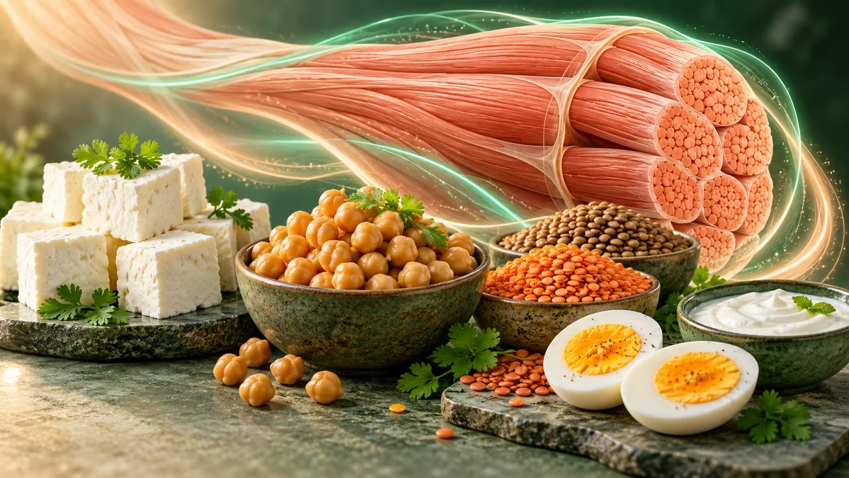 Concept illustration: Paneer, chickpeas, lentils and eggs with a muscle-strength illustration