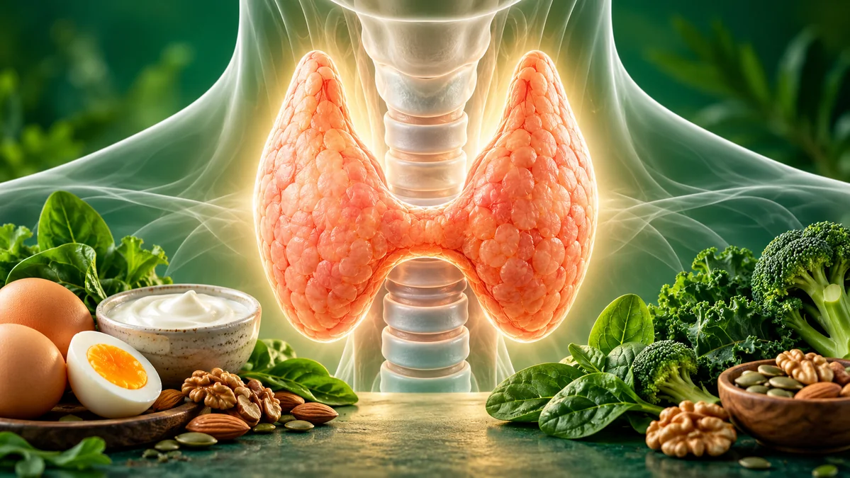 Concept illustration: A prominent butterfly-shaped thyroid gland on a translucent neck and chest silhouette