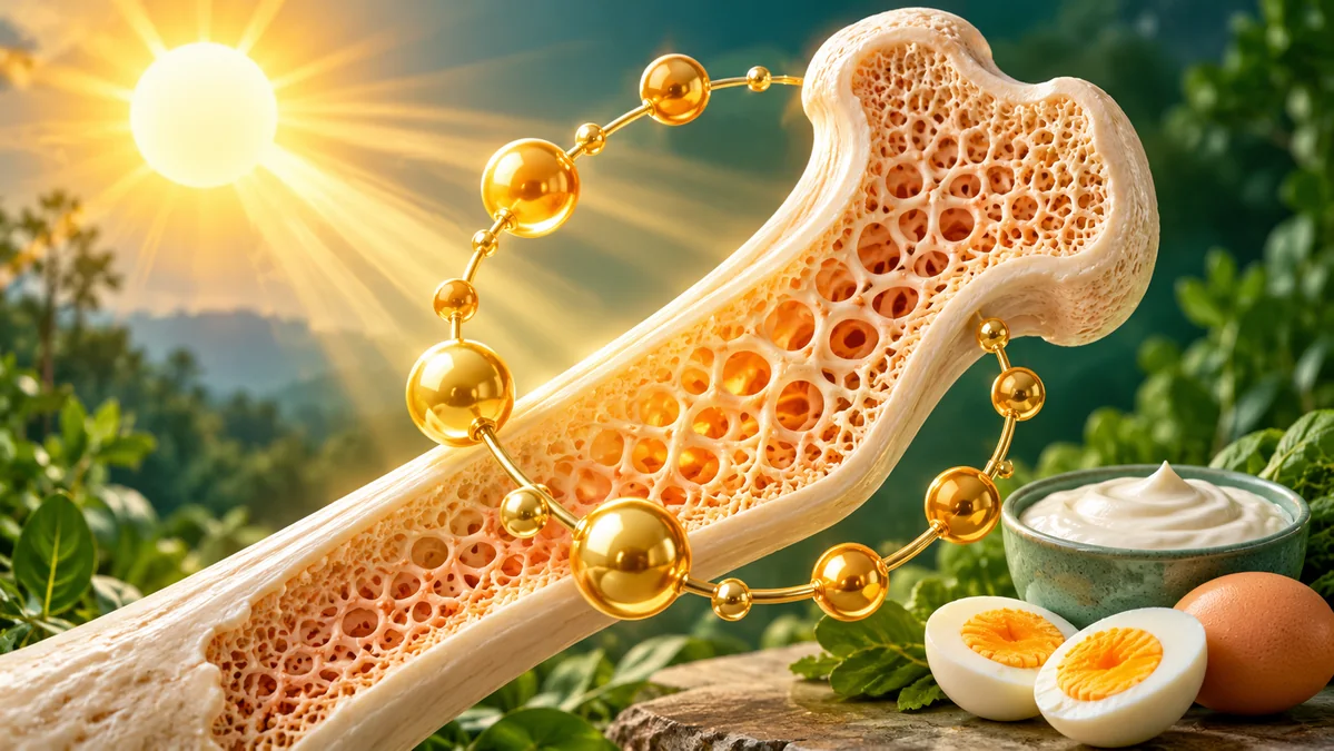 Concept illustration: Sunbeams illuminating a stylized bone cross-section beside eggs and yogurt