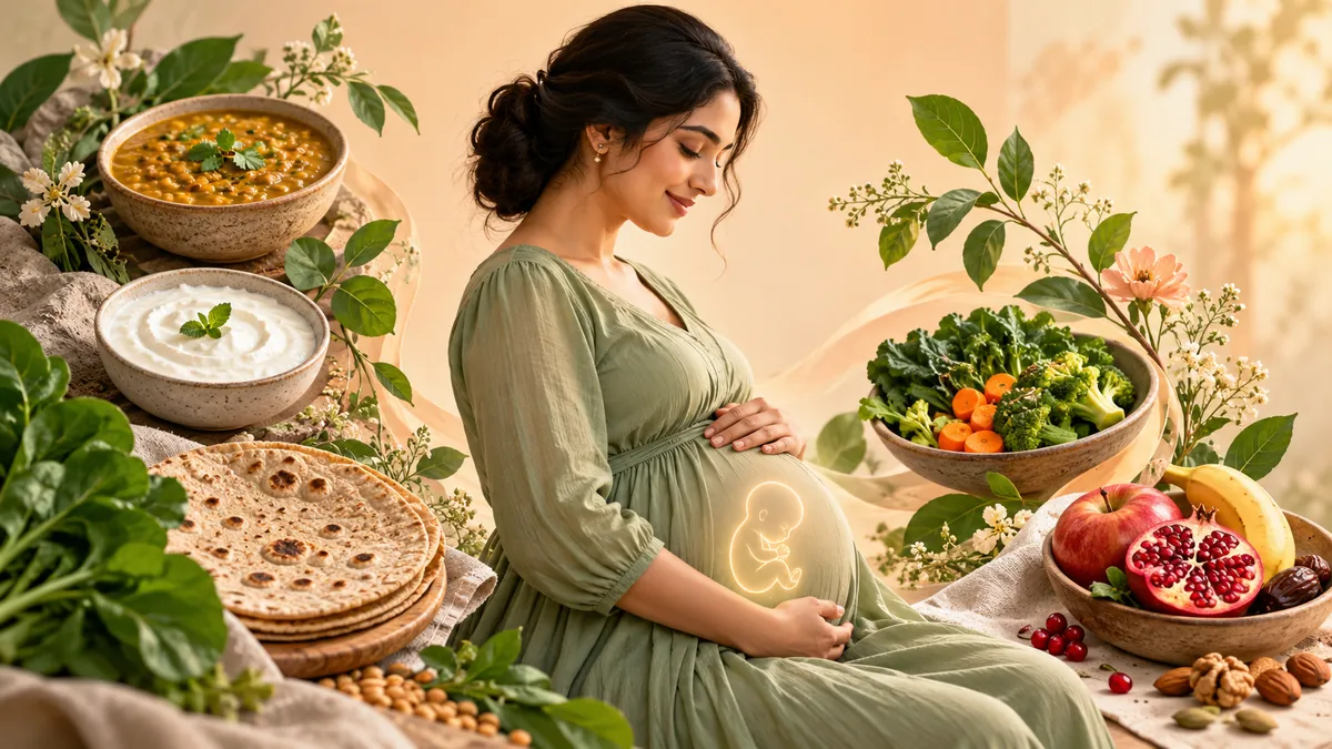 Pregnant Indian woman and nourishing foods for pregnancy and postpartum care